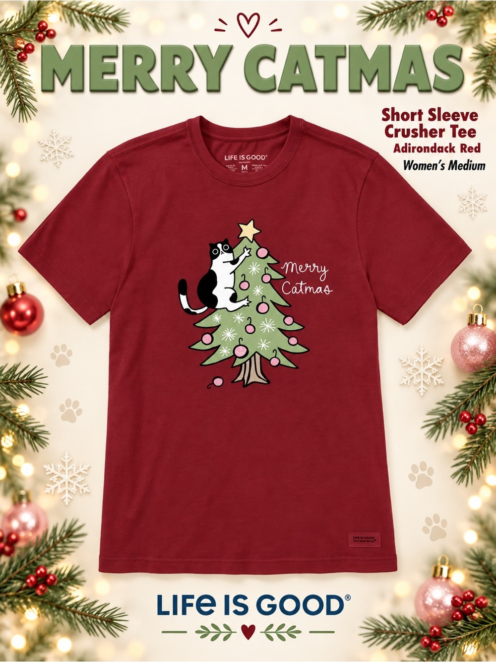 Life is Good Merry Catmas Short Sleeve Crusher Tee Adirondack Red Christmas NEW